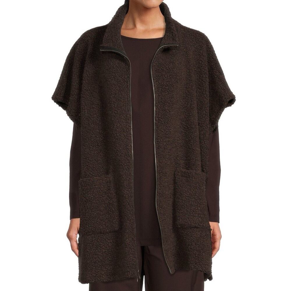Bryn Walker Wool Blend Boucle Funnel Neck Short Sleeve Zip Front Poncho M